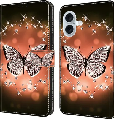 Produktbild von CLM-Tech Handyhülle kompatibel mit iPhone 16 Hülle - Tasche aus Kunstleder - Klapphülle mit Ständer und Kartenfächern - Schutzhülle Wallet Case Cover Schmetterling Diamanten Muster