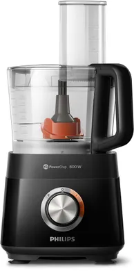 A black Philips food processor with a transparent bowl and lid, shown from the front.