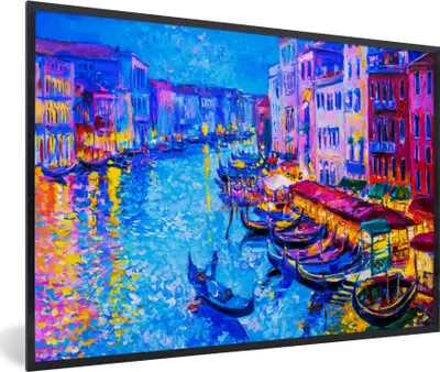 Produktbild von MuchoWow® Gerahmtes Poster Malerei - Italien - Boot - Wasser - Architektur 60x40 cm - Poster mit Schwarzem Bilderrahmen Wandposter Rahmen Foto Bilder - Printing - Wanddeko Schlafzimmer