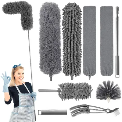 Image de Ensemble de 9 plumeaux pour dépoussiérer, avec une tige télescopique extensible jusqu'à 2 mètres, flexible et lavable