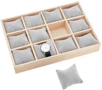 Produktbild von Holzuhrengehäuse mit 12 Fächern, Uhrenhalter mit abnehmbaren weichen Kissen, stapelbare Armband, Ladetisch, Uhrendisplaygehäuse, grau