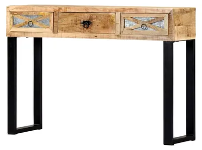 Produktbild von Konsolentisch aus massivem Mangoholz mit 3 Schubladen, Beistelltisch, Sideboard, Flurtisch, Telefontisch 110x30x76cm, verzinkter Stahl