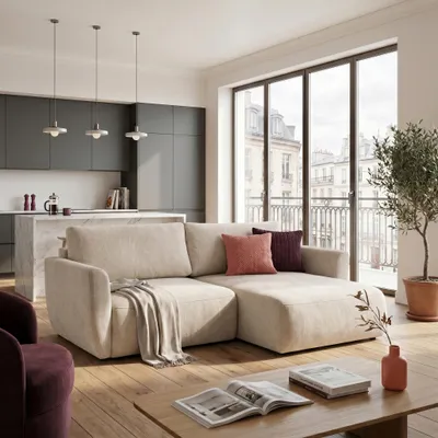 Produktbild von MUFFO Ecksofa BELLA L Rechts mit Schlaffunktion 140x205 Velours Creme