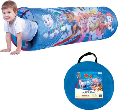 A child is crawling through a Paw Patrol themed play tunnel, with the tunnel's packaging shown below.