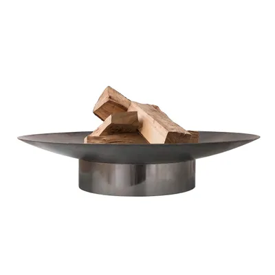 A fire pit with logs inside, presented on a white background.