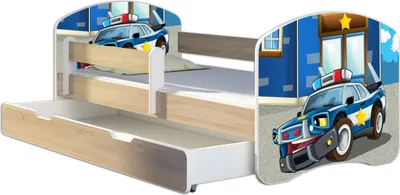 A child's bed with a police car theme, featuring a pull-out drawer.