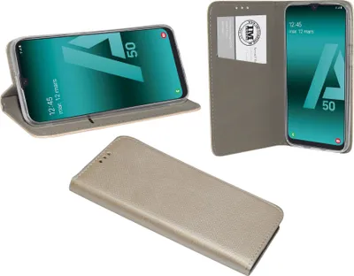Produktbild von Buch Tasche "Smart" kompatibel mit SAMSUNG GALAXY A50 (A505F) Handy Hülle Etui Brieftasche Schutzhülle mit Standfunktion, Kartenfach Gold