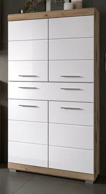 Produktbild von Bad Midischrank "Willow" weiß Hochglanz und Eiche, Schrank 4-türig 74 x 141 cm