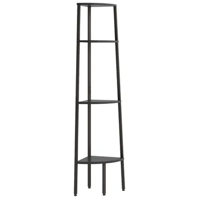 A tall, narrow, black corner shelf unit with four triangular shelves.