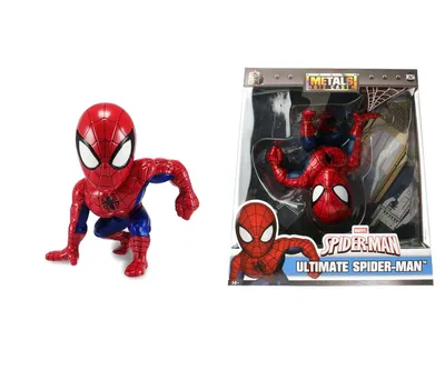 A product image showing a Spider-Man figure both out of its packaging and in its packaging.