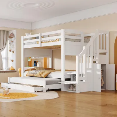 Produktbild von Etagenbett mit Ausziehbett, 2 Schubladen, Stauraum-Treppe & Kleiderschrank, Kiefer+MDF in Weiß, 90x200cm