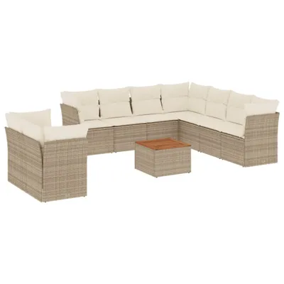 Produktbild von Modulares Garten-Sofaset, 11-teilig, mit Stauraum, wasserabweisendem Beutel, Poly Rattan Beige, Akazienholz-Tisch, cremeweiße Kissen, UV-beständig