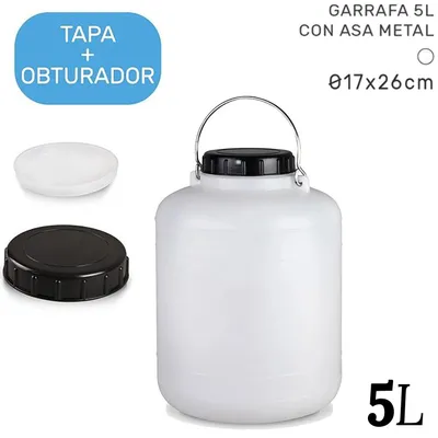Image de Bidon d'eau - Récipient rond pour liquides - 5 litres - 17 x 26 cm - Plastique PE sans BPA - Bouchon à vis ou robinet - Lot de 2