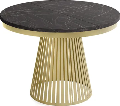 Produktbild von Esstisch Rund Ausziehbar mit Lamellen im Loft-Stil – 100 bis 180 cm – Industrieller Tisch mit Metallbeinen in Gold, Platzsparend für Wohnzimmer oder Esszimmer – Marmor Schwarz