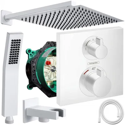 Produktbild von Hansgrohe und Jowi Unterputz Duschsystem Weiß, Ecostat Square Thermostat, Duscharmatur, Regendusche, Kopfbrause