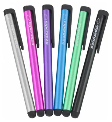 A group of six colorful stylus pens arranged diagonally against a white background.