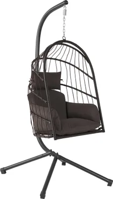 A hanging egg chair with a metal stand, shown against a white background.
