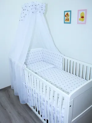 Produktbild von Primawela-Baby Bettwäsche Set- 5 teiliges Set mit Chiffon Himmel Bettset Nestchen - 29.Sterne auf Weiß