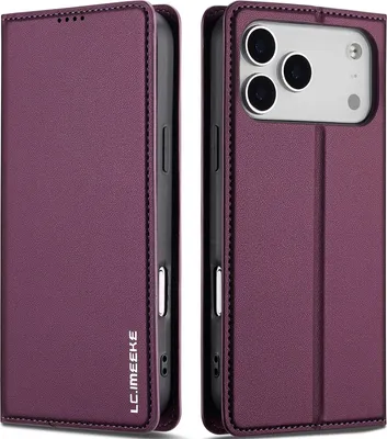 Obrázek produktu pro Magnetické flipové kožené pouzdro pro iPhone 17 Pro Max, s přihrádkou na karty a funkcí stojánku Fialová