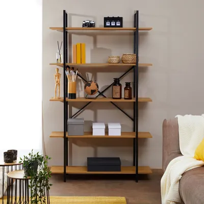 Immagine prodotto di Libreria MEDA in metallo e MDF/pannello truciolare con finitura effetto legno di quercia, in stile industriale. Libreria per soggiorno con 5 ripiani, dal design minimalista e vintage