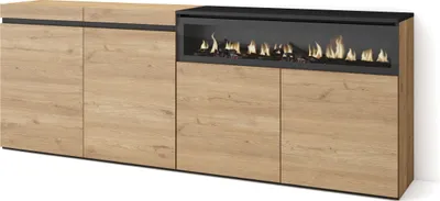 Image de COZY Buffet salon et cuisine, 200x35x75cm, 4 Portes, Cheminée électrique, Chêne et noir