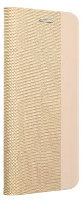 A close-up, angled view of a gold and beige flip case for a smartphone.