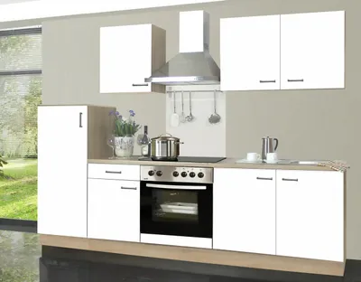 Produktbild von Küchenblock Biggi 270 cm in weiß matt mit Glaskeramik Kochfeld, Herd, Kühlschrank, Dunsthaube und Spüle