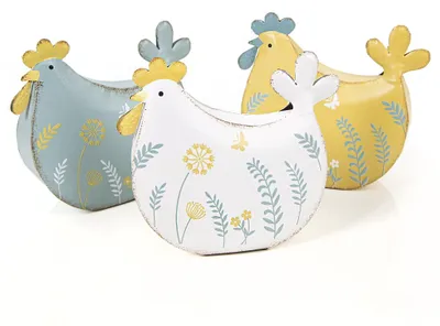 Produktbild von 3 Metall Hühner gelb weiß blau Osterdekoration Frühlingsdeko zum Hinstellen 15 cm