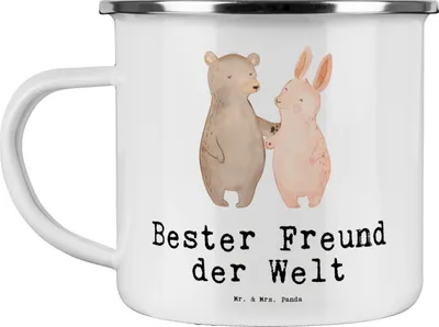 Produktbild von Mr. & Mrs. Panda Pott Hase Bester Freund der Welt - Weiß - Geschenk, Geschenkidee, Campingbecher, Haferl, Bro, Teetasse, Partner, Liebe, Love, Ehemann, Emaille Becher