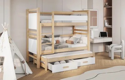 Obrázek produktu pro Patrová postel pro tři 90x200 UNA 2 - borovice / bílá, levé provedení