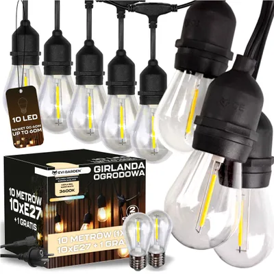 Zdjęcie produktu dla GIRLANDA ŚWIETLNA OGRODOWA Zewnętrzna 10M Żarówki 10+1 LED Lampki do 60m