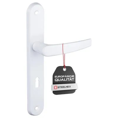 A white door handle with a black tag attached by a red string.