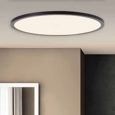 A modern LED ceiling light fixture is shown mounted on a white ceiling above a neutral-toned wall.