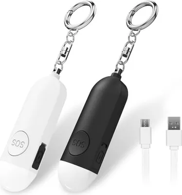 Produktbild von 2 Taschenalarm 130 dB Personal SafeSound Security wiederaufladbare Sirene Polizei genehmigte Panik -LED -Licht, Schlüsselring (schwarz + weiß)