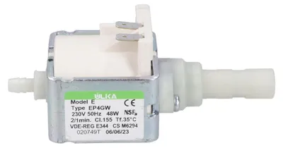 A close-up studio shot of an electric water pump, likely for a coffee machine or similar appliance.