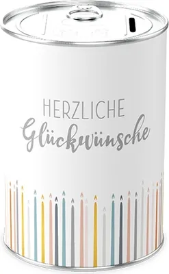 Produktbild von Spardose Herzliche Glückwünsche, Sparbüchse, Sparschwein aus Metall, Höhe ca. 12 cm