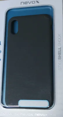 A black phone case is displayed inside its packaging.