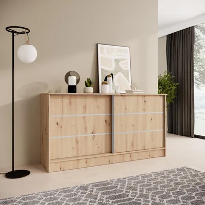 Image de BEAUTYSOFA | Commode MIRELA 160 cm en chêne Artisan, buffet à 2 portes coulissantes, design moderne, meuble de rangement offrant un grand espace de rangement