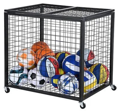 Obrázok produktu pre Relaxdays, vozík na loptičky, 4 kolieska, s brzdami, rozmery: 81,5 x 85 x 66 cm, uzamykateľný, drôtený box na futbalové a basketbalové loptičky, čierna farba