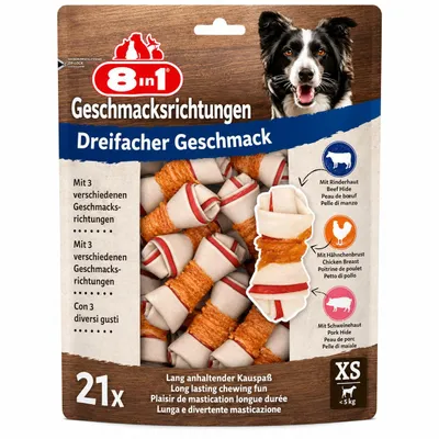 Produktbild von 8in1 Triple Flavour Knochen XS - leckere Hundeknochen mit Hähnchenfilet, Schweine- und Rinderhaut, 21 Stück
