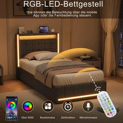 Image de UnboxG : Lit rembourré 90x200 cm, couleur gris – Lit simple en tissu lin avec tête de lit LED, ports de charge USB et Type-C, 2 tiroirs et sommier à lattes
