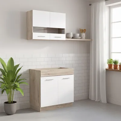 Produktbild von Homestyle4u Küche Küchenblock Weiß Küchenzeile ohne Geräte Einbauküche Singleküche 80 cm Eiche