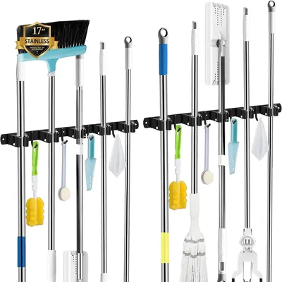 Obrázek produktu pro Držák na mop s nástěnnou montáží, 5 držáků, 4 háčky, balení 2 kusů, černá barva, nerezová ocel, pro těžké předměty, samolepicí