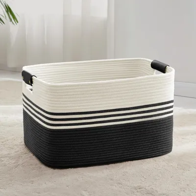 Image de Panier à linge tressé, grande capacité (72 litres), en corde de coton avec poignées en cuir, blanc/noir, dimensions : 55 x 43 x 30 cm