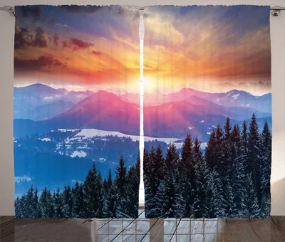Produktbild von ABAKUHAUS Wald Rustikaler Gardine, Sonnenuntergang in den Bergen, Schlafzimmer Kräuselband Vorhang mit Schlaufen und Haken, 280 x 260 cm, Orange Blau