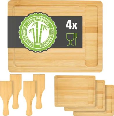 Produktbild von 4 Personen Raclette Teller Set Holz - 30x22cm Pfännchen Untersetzer mit Spachtel