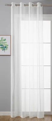 A sheer white curtain hangs in front of a window with a grid pattern. A framed picture with green foliage is visible on the left.