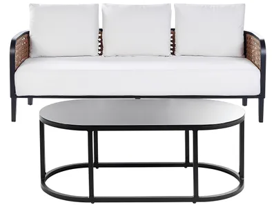 Produktbild von BELIANI Gartensofa mit Tisch 3-Sitzer Schwarz Aluminium Auflagen Cremeweiß Wiener Geflecht Modern Lounge Set Terrasse Balkon Outdoor Gartenzubehör