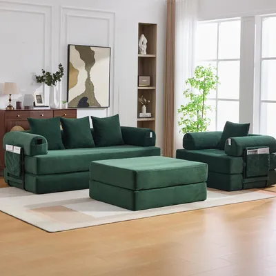 Obrázek produktu pro MODFU Modulární sofa 4‑místné s boční kapsou a 4 pohodlnými polštáři, Rozkládací postel 3‑místná s taburetem, Loungesofa, Obývací sofa s pevnou kovovou konstrukcí, smaragdově zelená