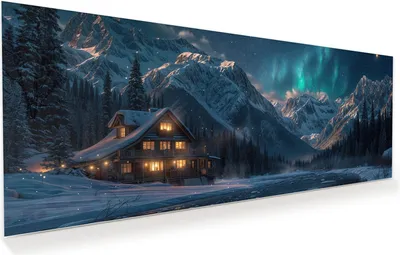 Produktbild von Glasbild 125x50cm in XXL für Wohnzimmer, Schlafzimmer Motiv Berghütte im Winter